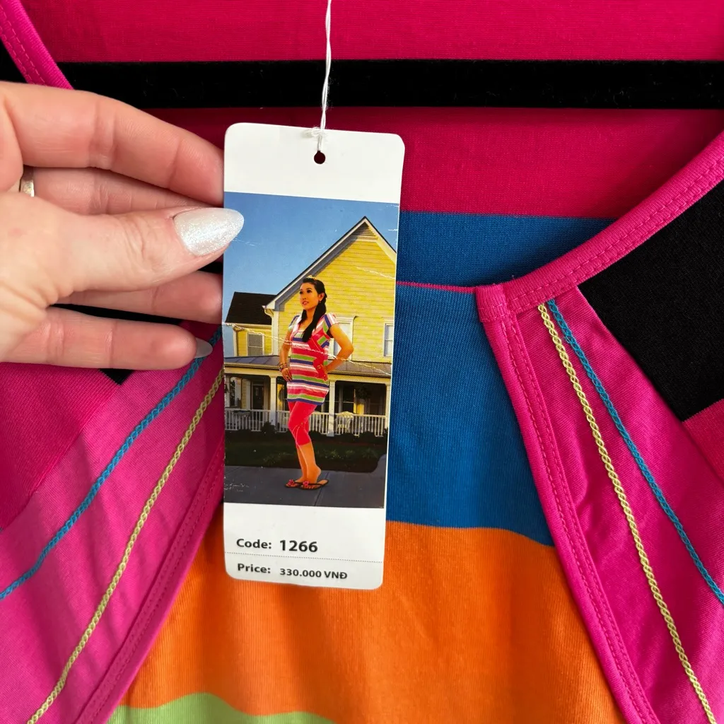 Hongcuc NWT Colorful Striped Long Women's Short Sleeve Top Button Accents Size S Pink - Image 4