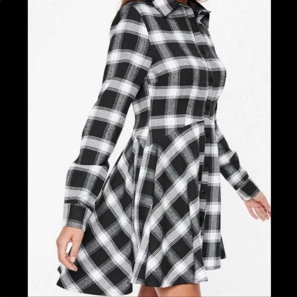 Missguided Plaid Check Black White Long Sleeve Button Down Skater Shirt Dress - Image 29