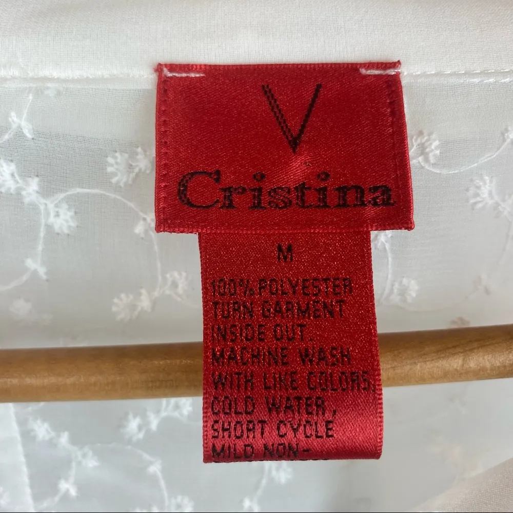 V Christina White Long Sleeve Sheer Eyelit & Embroidered Lace Blouse Top M Size M - Image 4