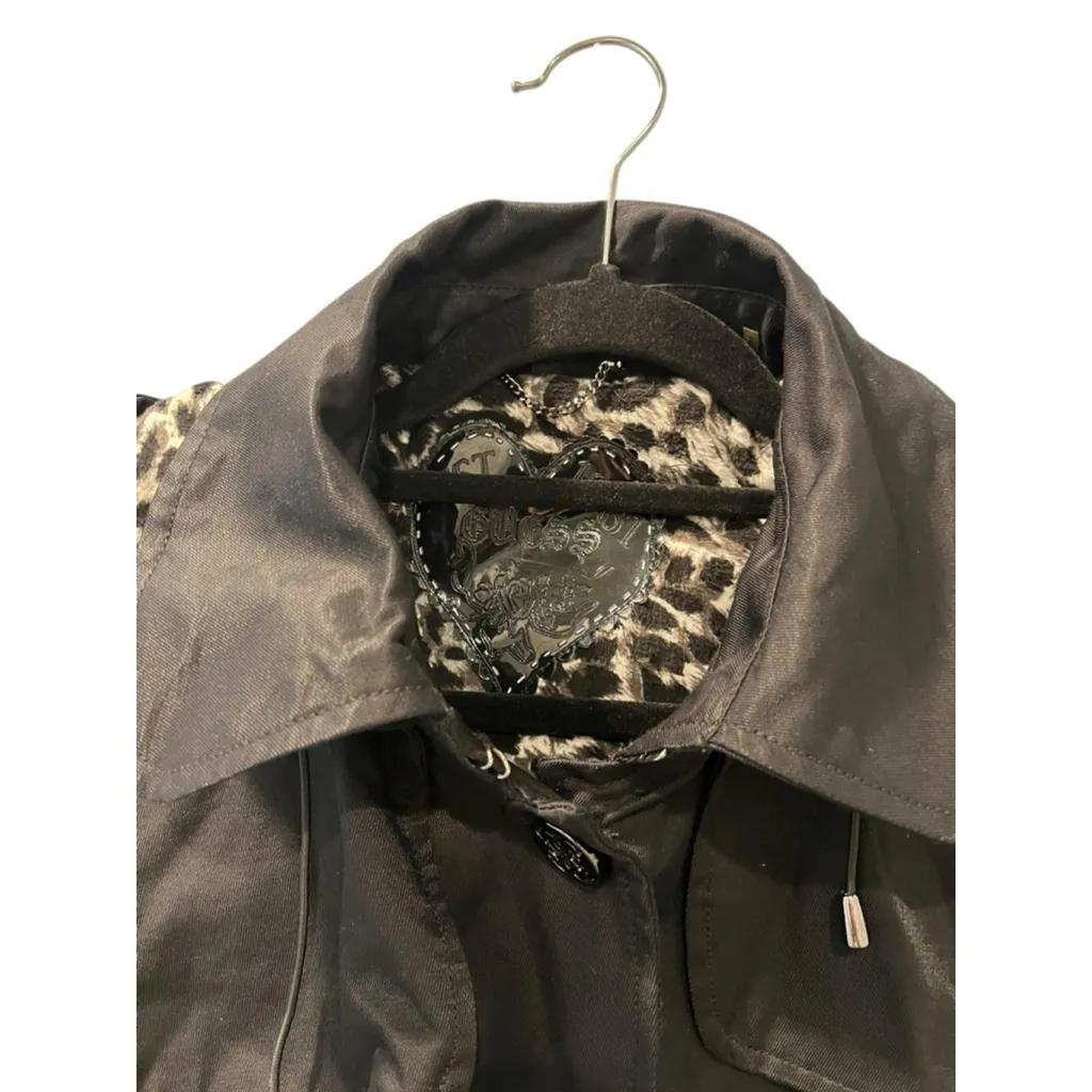 Vintage Y2K Guess Leopard Print Nylon Belted Hooded Trench Coat Size Large Black - Image 2