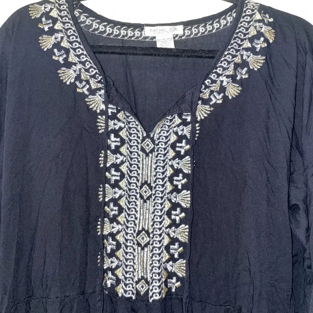 Rachel‎ Zoe Black Gold Silver Embroidered Long Sleeved Dress Swim Coverup Size L - Image 2