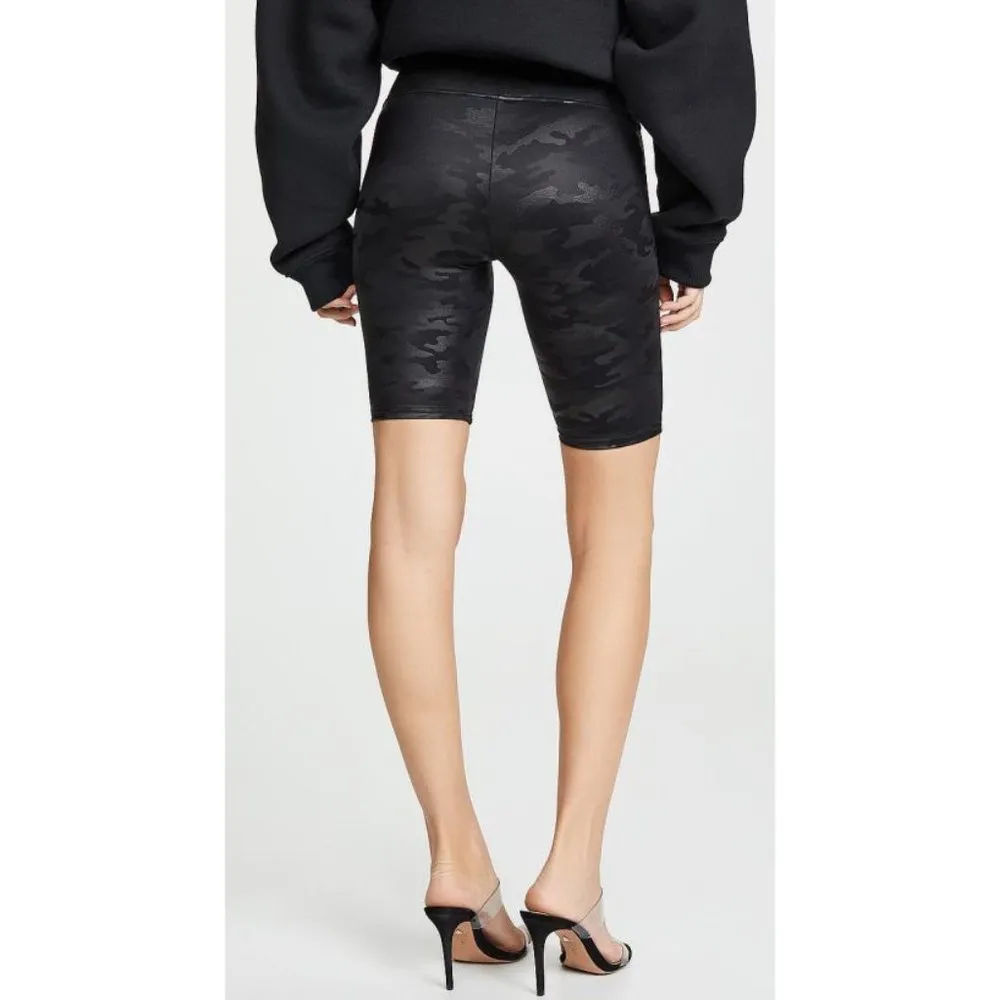 Faux Leather Shorts Black Camo Shiny High-Rise Moto Edgy Bike Bermuda Long - Image 2