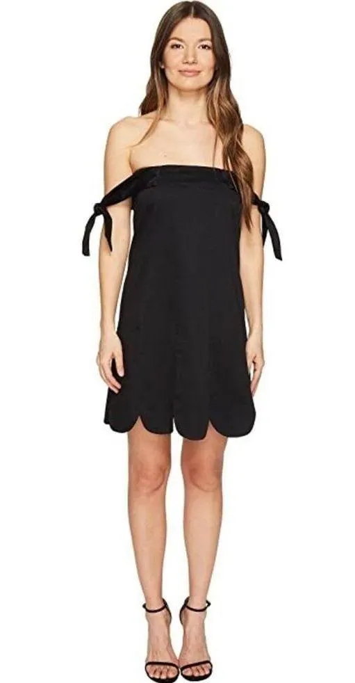 Zac Posen Isla Black Poplin Cotton Off Shoulder Scalloped Hem Mini Dress Size 8 - Image 1
