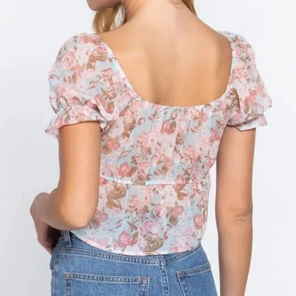 Active USA Sheer Floral Chiffon Tie Front Crop Blouse‎ Blue Pink 1XL Puff Sleeve - Image 7