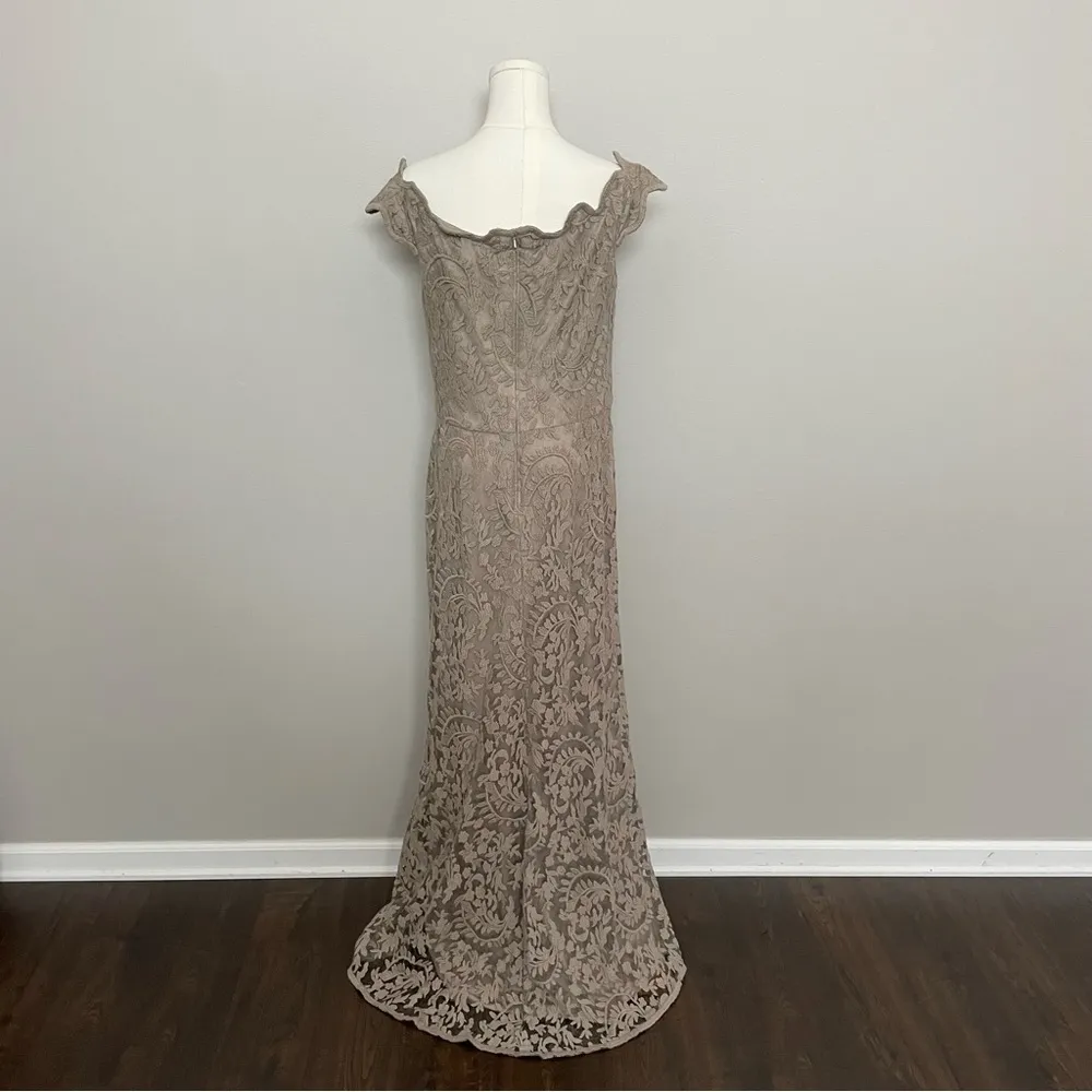 Tadashi Shoji Dress Embroidered Lace Off Shoulder Gown Wedding Taupe No Belt - Image 7
