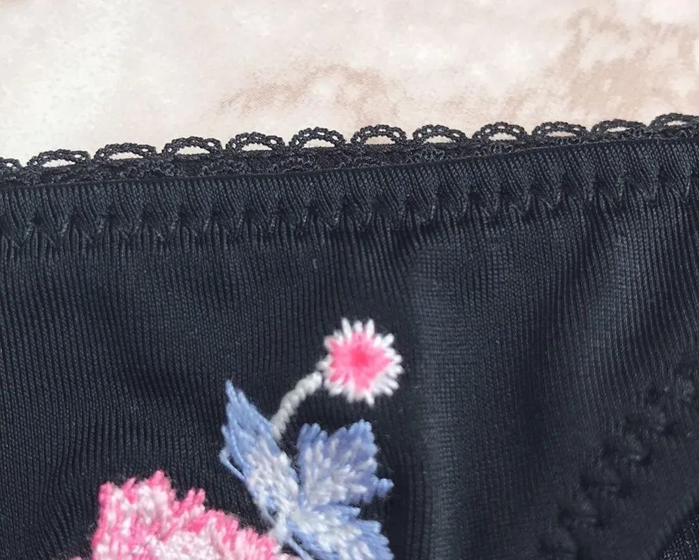 Black and Pink  Floral Embroidered String Bikini Bottoms - Image 6