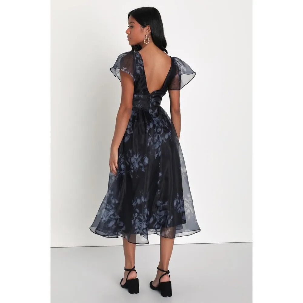 Lulus NWOT Black Floral Mesmerizing Mood Organza Ruffled A-Line Midi Dress XL - Image 9