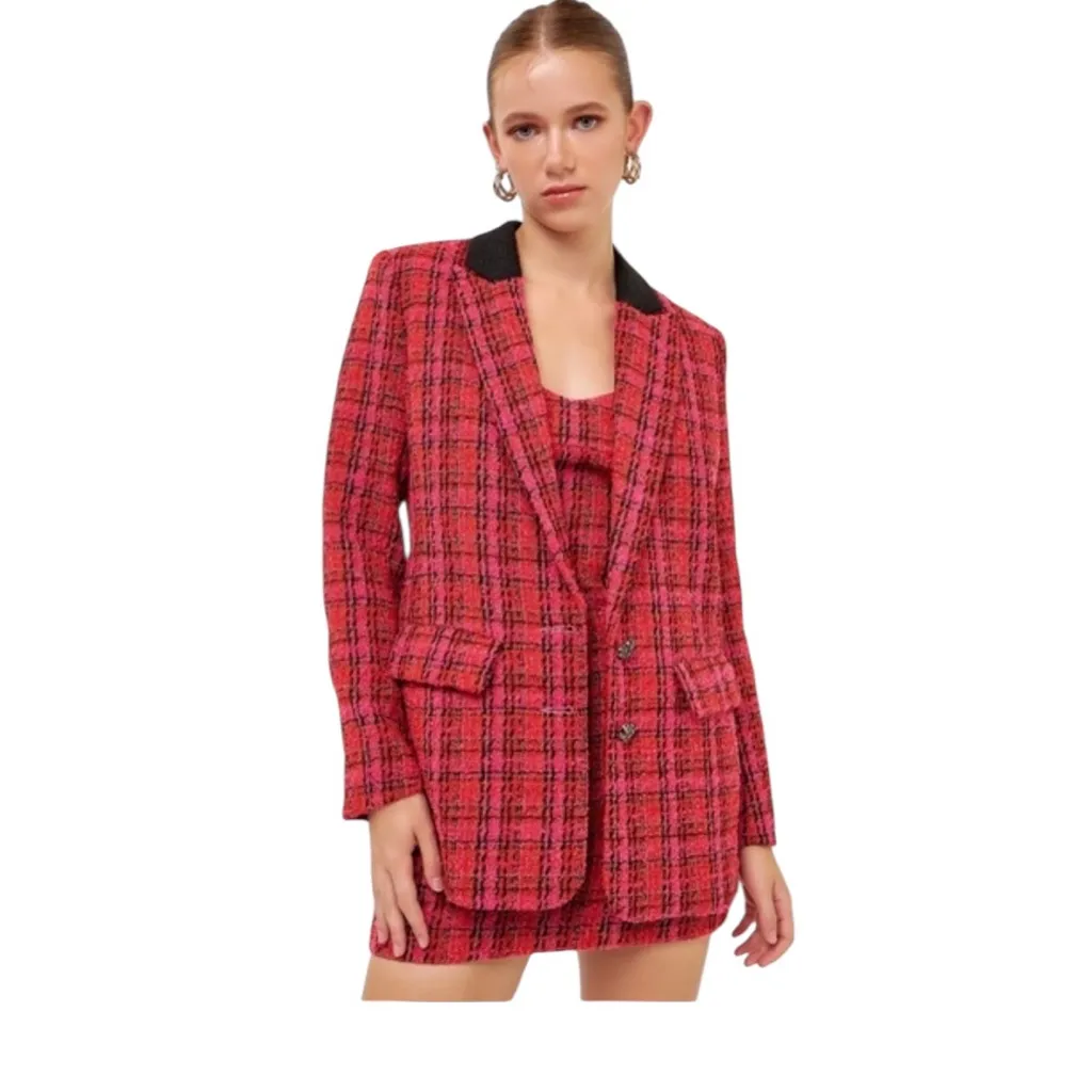 Endless Rose NEW Plaid Bouclé Blazer Red & Pink - Image 4