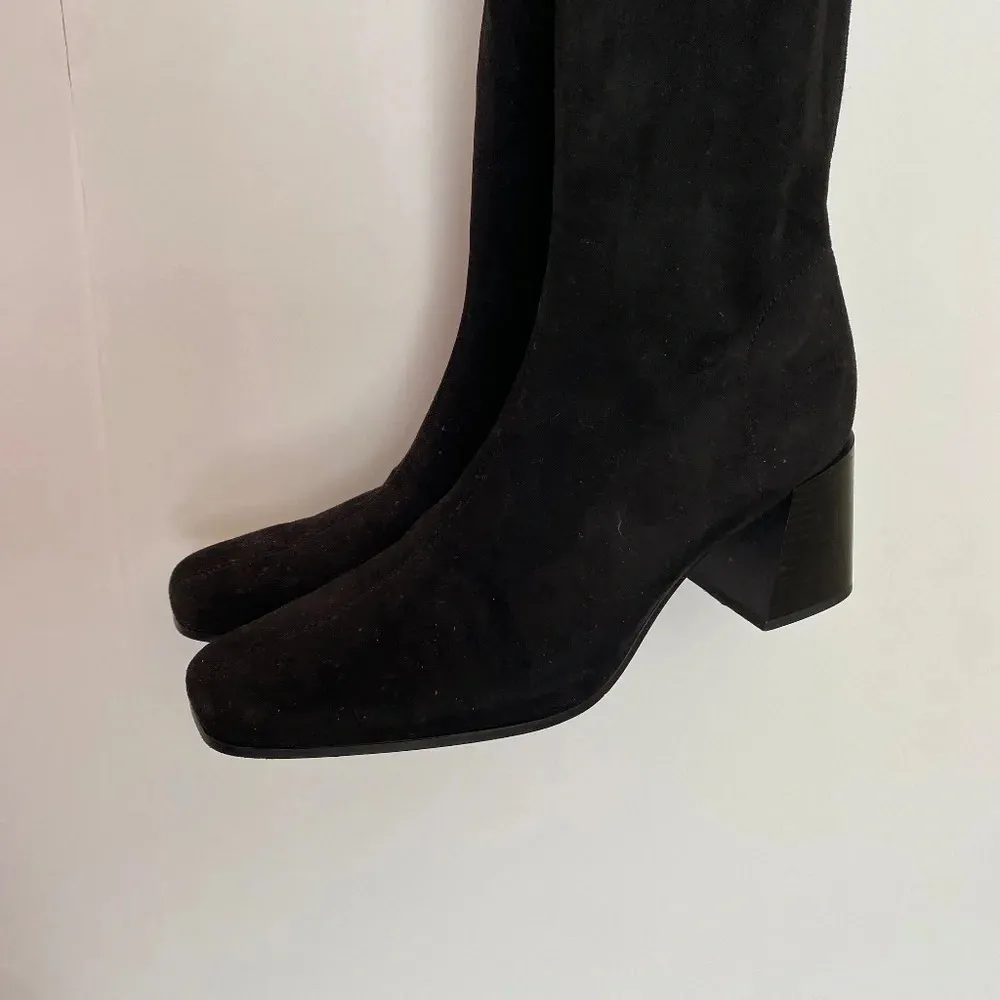 Zara Black Faux Suede Block Heel Square‎ Toe Over The Knee Boots size 39 - Image 3