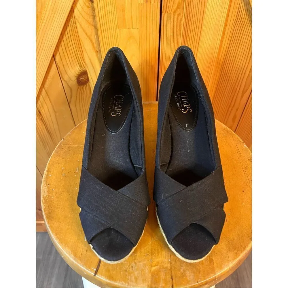 Chaps Heels Womens 8.5 Dakoda Slip On Peep Toe Espadrille Wedge Black Fabric - Image 2