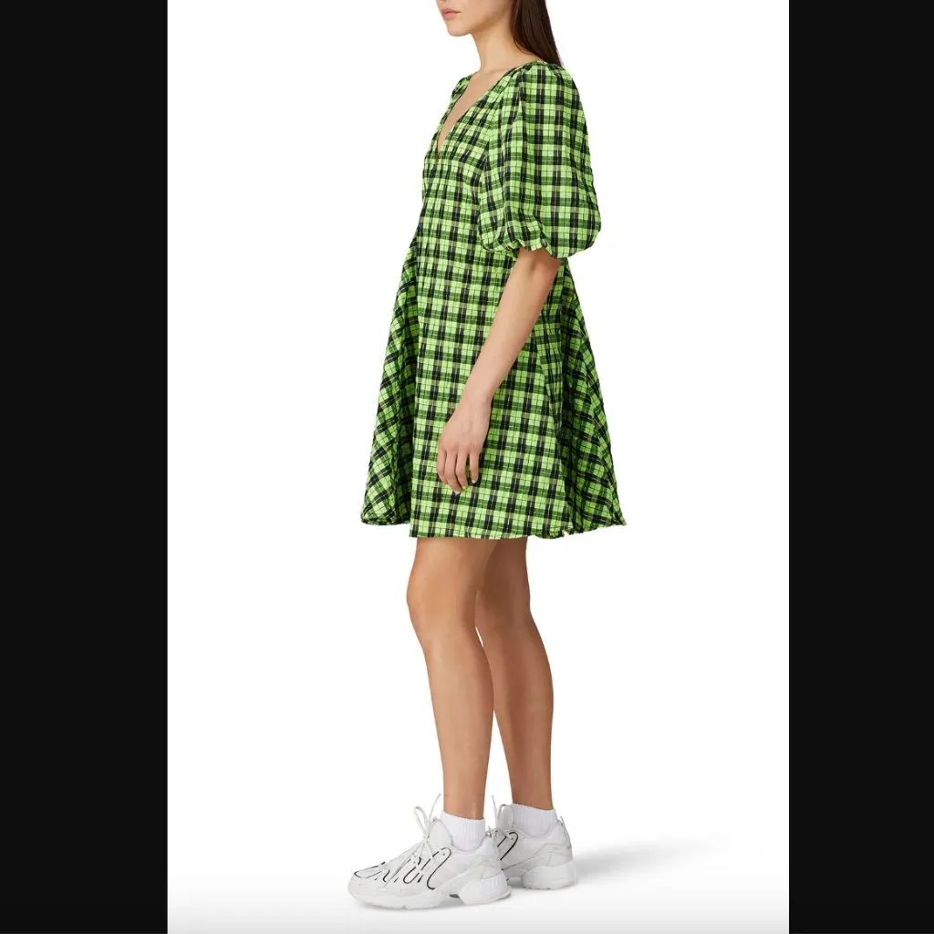 Ganni Green Seersucker Black Plaid Puff Sleeve Mini Dress 38 / US 6 / US M - Image 2
