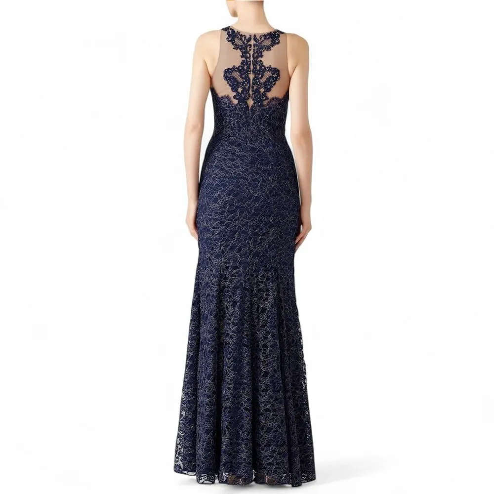 MARCHESA NOTTE Navy Blue Metallic Lace Dress size 0 XS Formal Gown Wedding - Image 4