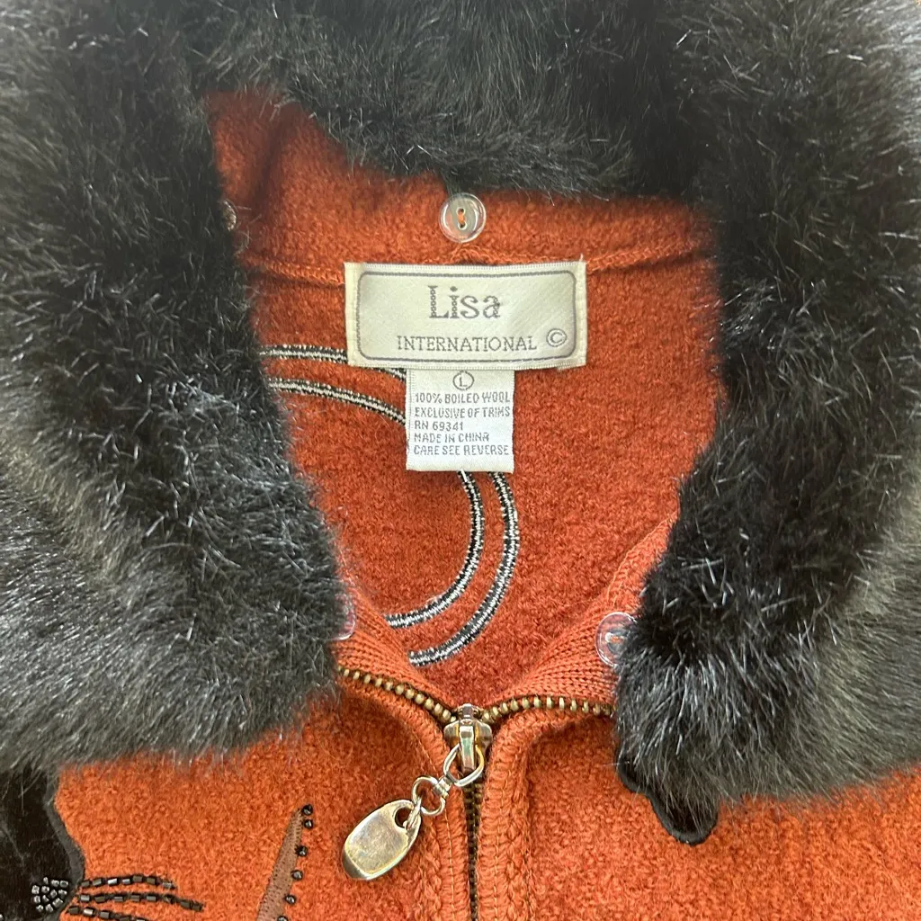 Lisa International 100% Boiled Wool Faux Fur Collar Panther Brown Vest Large - Image 3