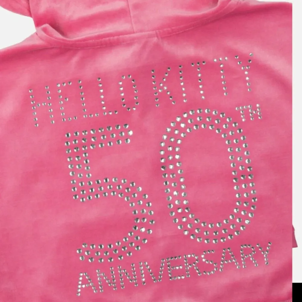 Hello Kitty x Dumbgood Pink Velour Cropped Hoodie (50th Anniv.) NWOT Small - Image 2