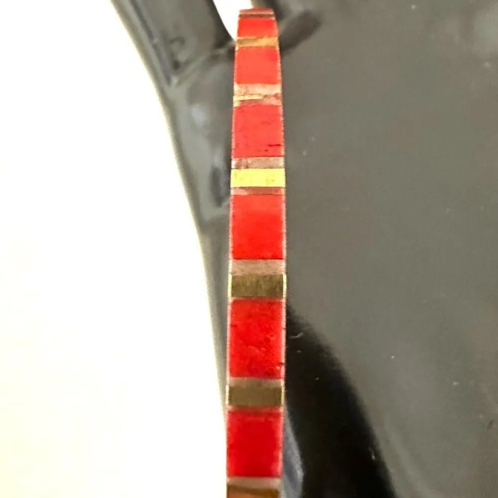 Vintage Brass Checkered Red Enamel Bangle Bracelet - Image 4