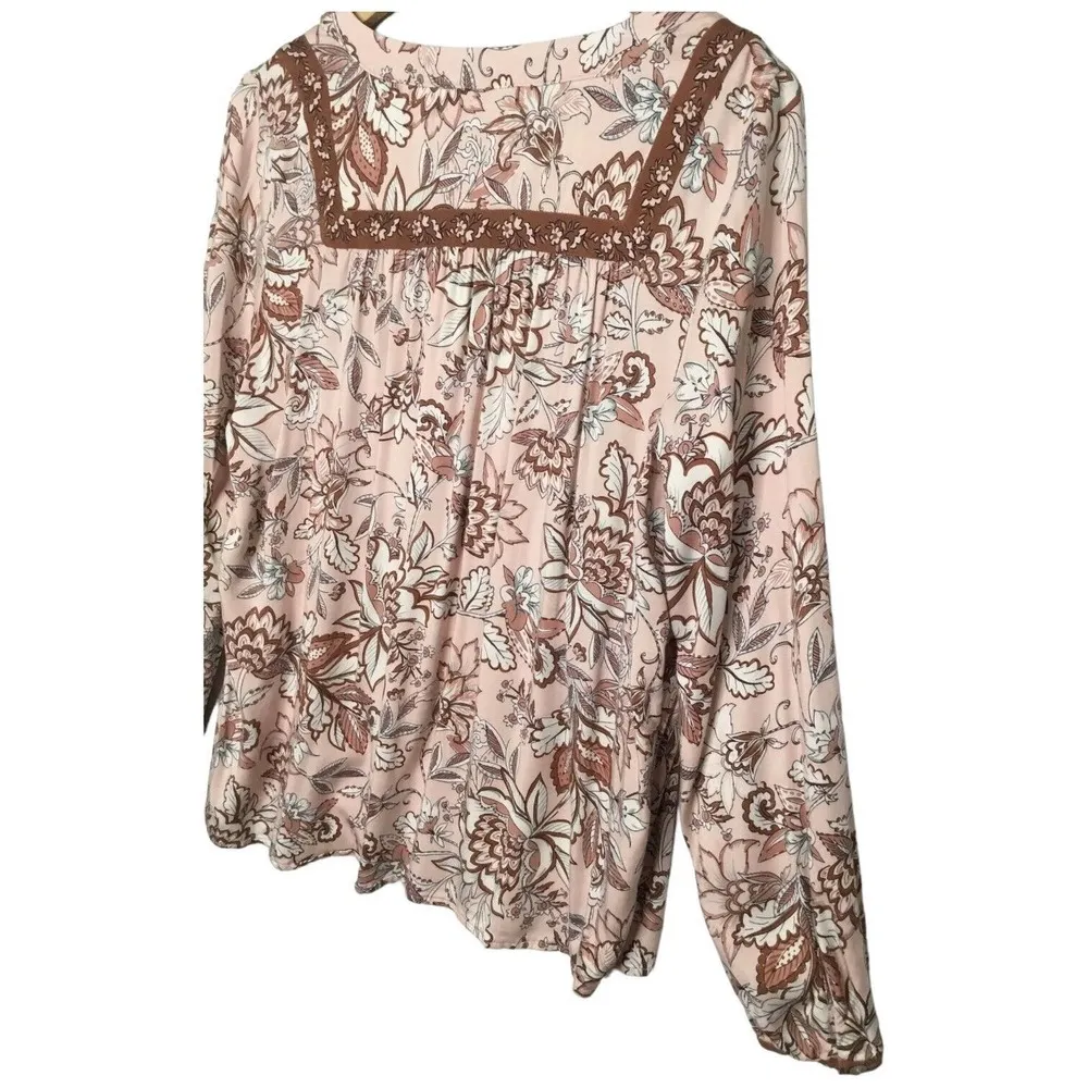 J Jill Floral Long Sleeve V Neck Bohemian Peasant Contrast Light Pink Blouse S - Image 7