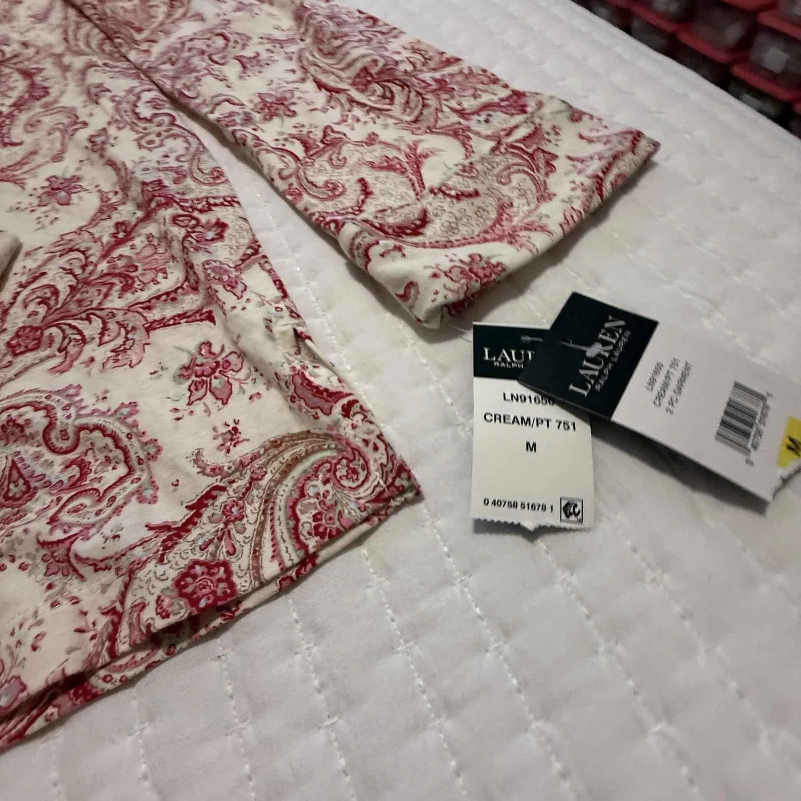 Lauren Ralph Lauren PJ Pajama Set Shirt & Pants Cream Red Pink Paisley M Medium - Image 2