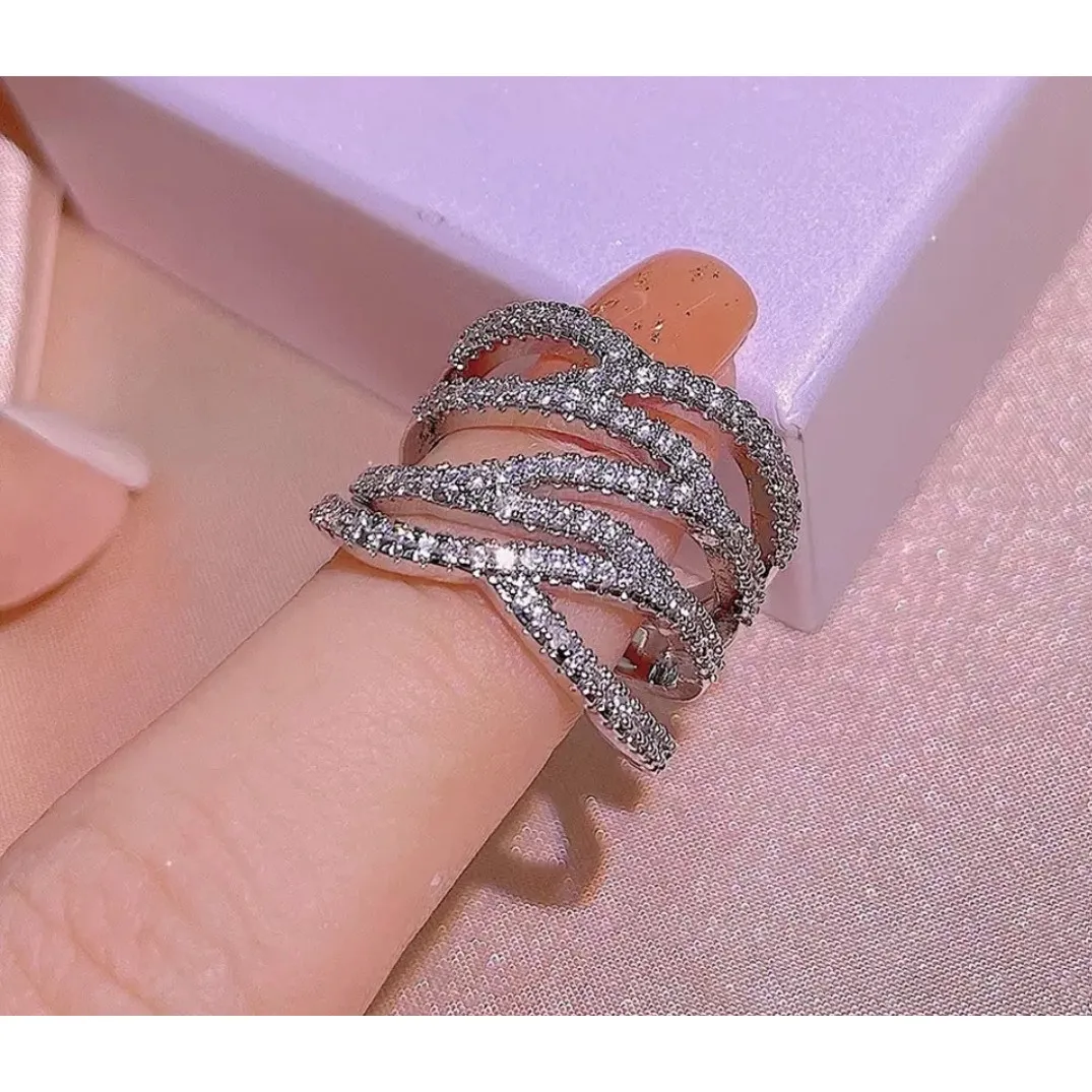 Iced Multi Layer Simulated Diamond Adjustable Ring | 925 Sterling‎ Silver - Image 3