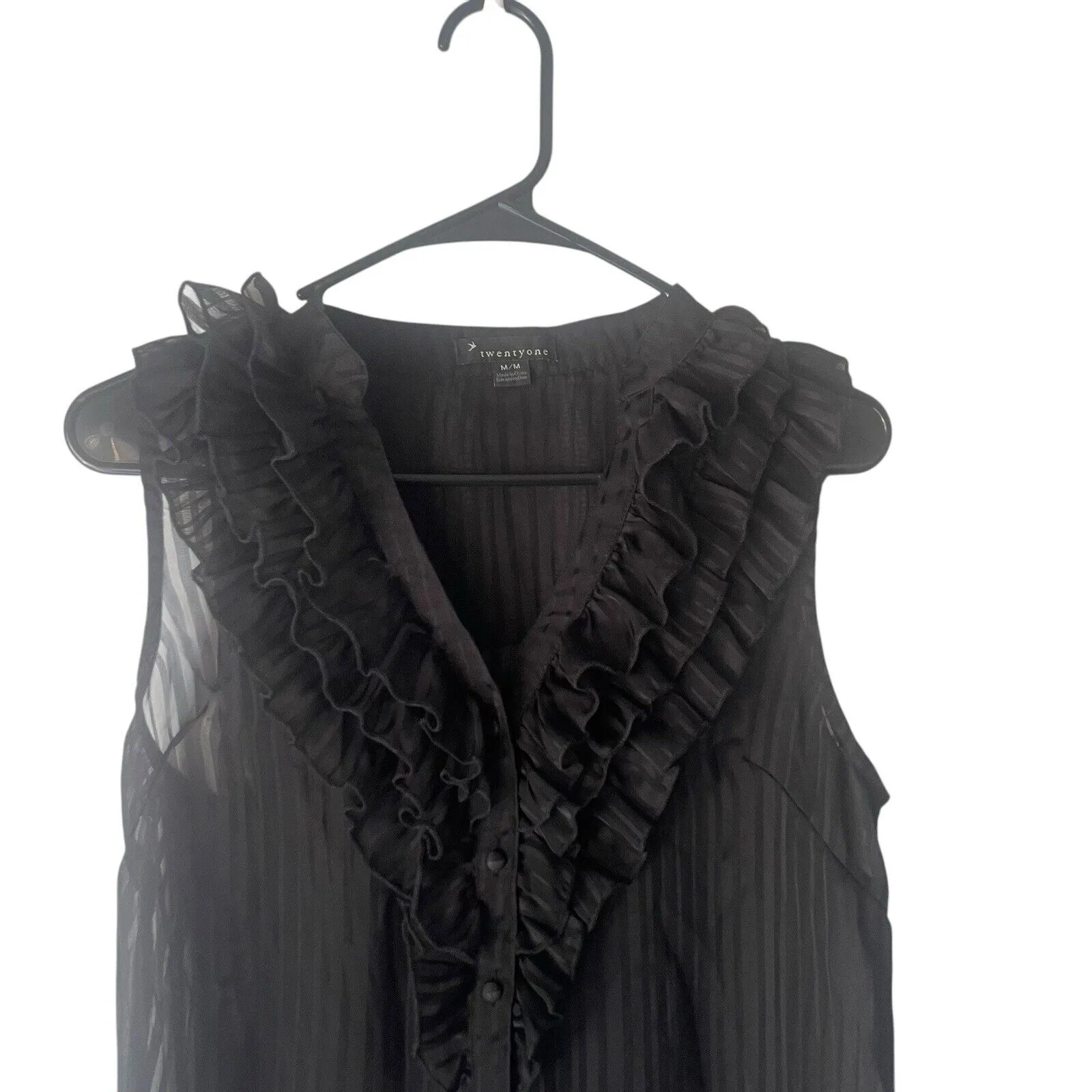 Twentyone Women's Size Medium Black Ruffle Dark Romantic Striped Sheer Blouse - Image 2