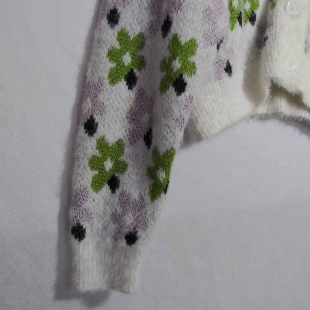 Cream Green Purple Floral Knit Fuzzy Cropped Cardigan Sweater Spring Size L Size L - Image 3