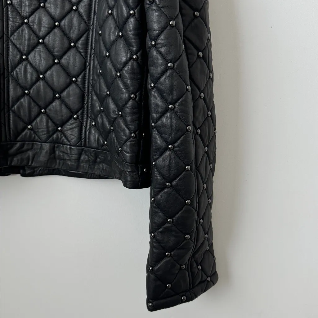 Alice + Olivia Siri Quilted Studded Black 100% Lamb Leather Jacket Size: M - Image 13