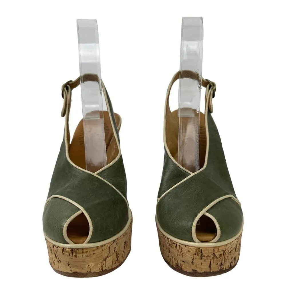Fiorentini Baker Platform Cork Wedge Ankle Strap Green Leather Peep Toe Sandals Size 6 - Image 3