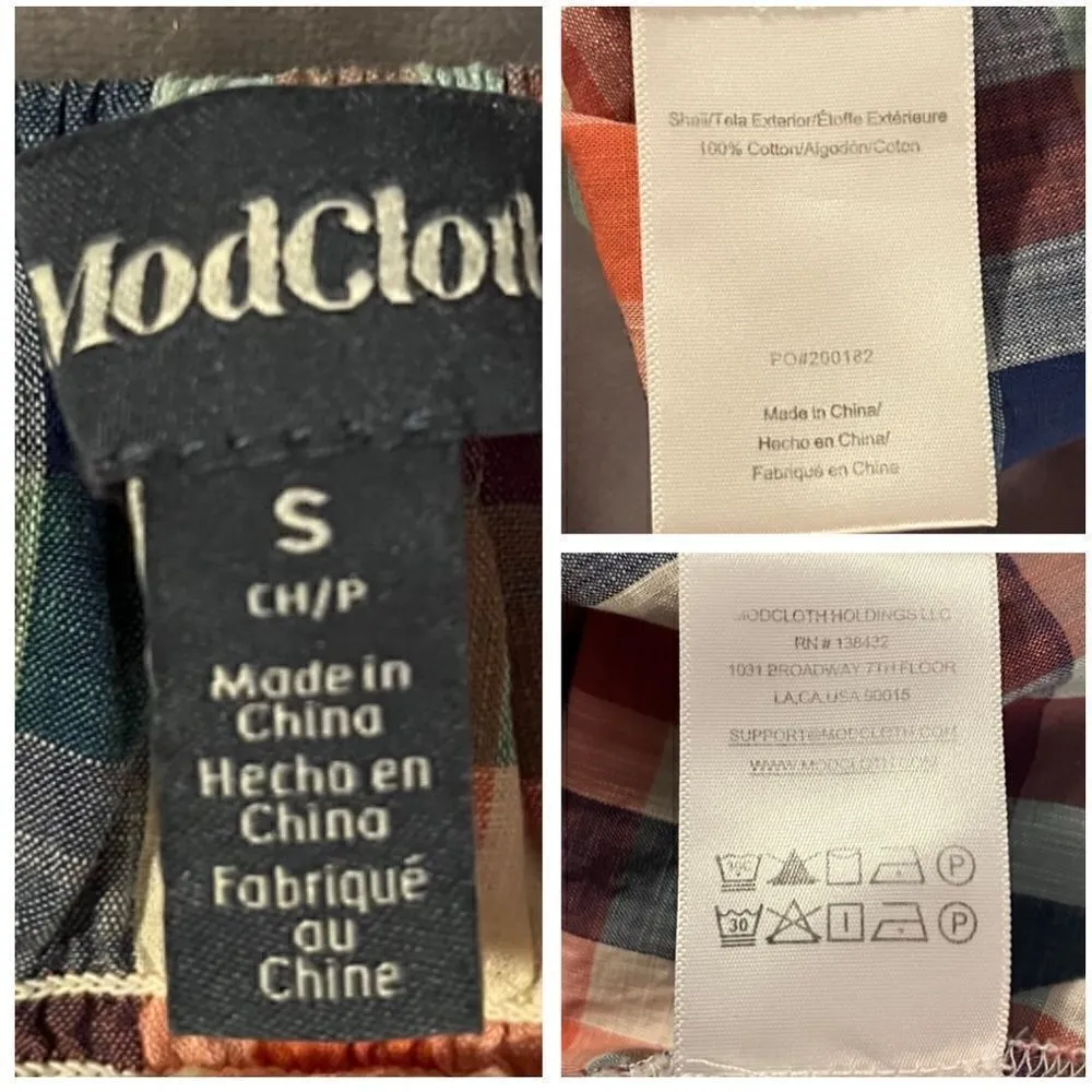 Modcloth Smocked Cotton Crop Top Summer Madras Plaid Checkered Orange Blue S - Image 7