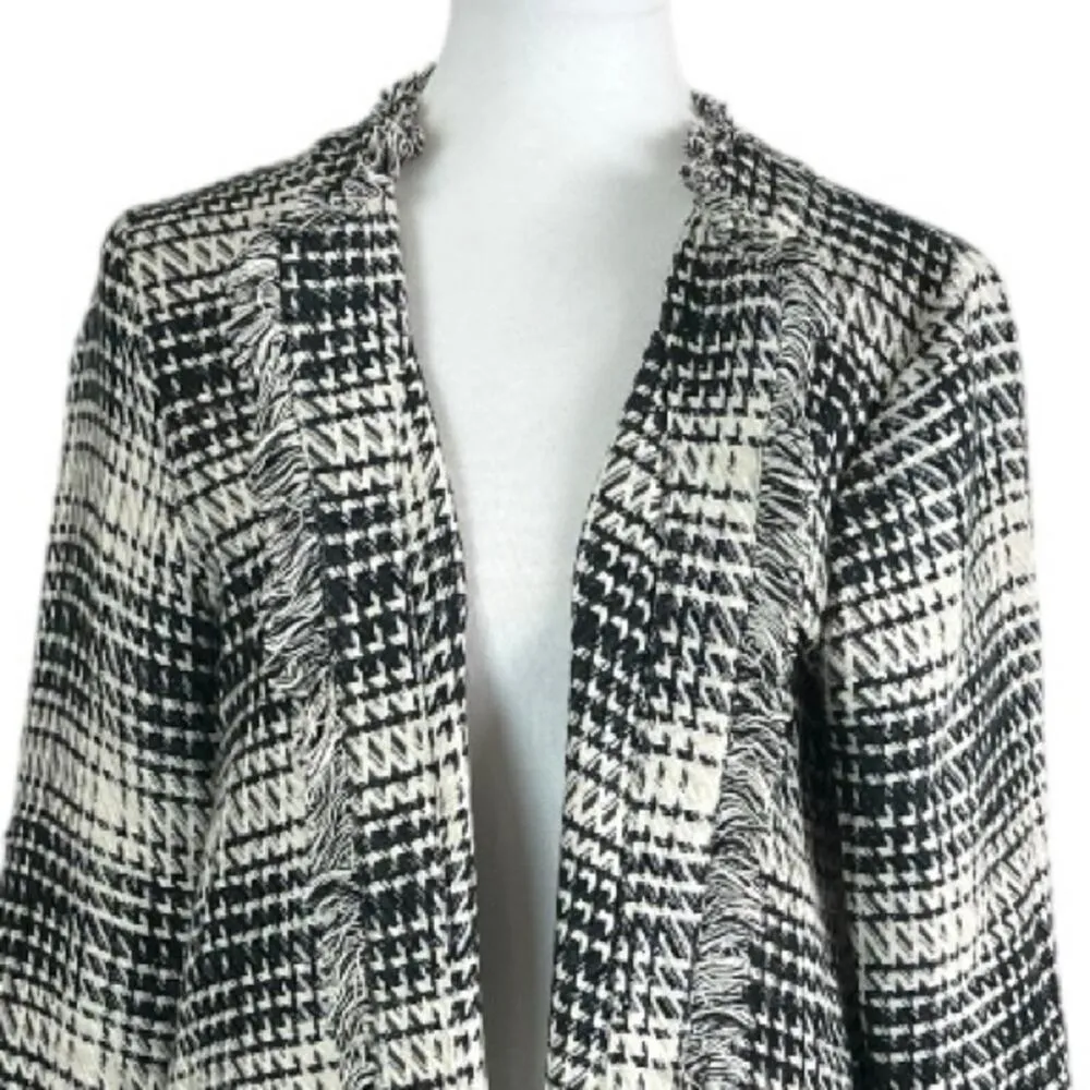 Maven West Women’s Long Jacket Open Front Fringe Black Cream Plaid Size Medium - Image 6