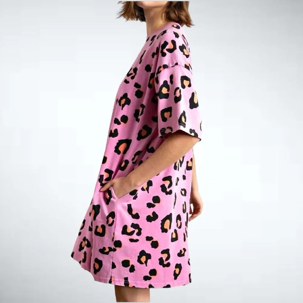 Size S (Oversized) Easel Los Angeles Washed Leopard Tunic Tee Dress In Barbie Pi - Image 2