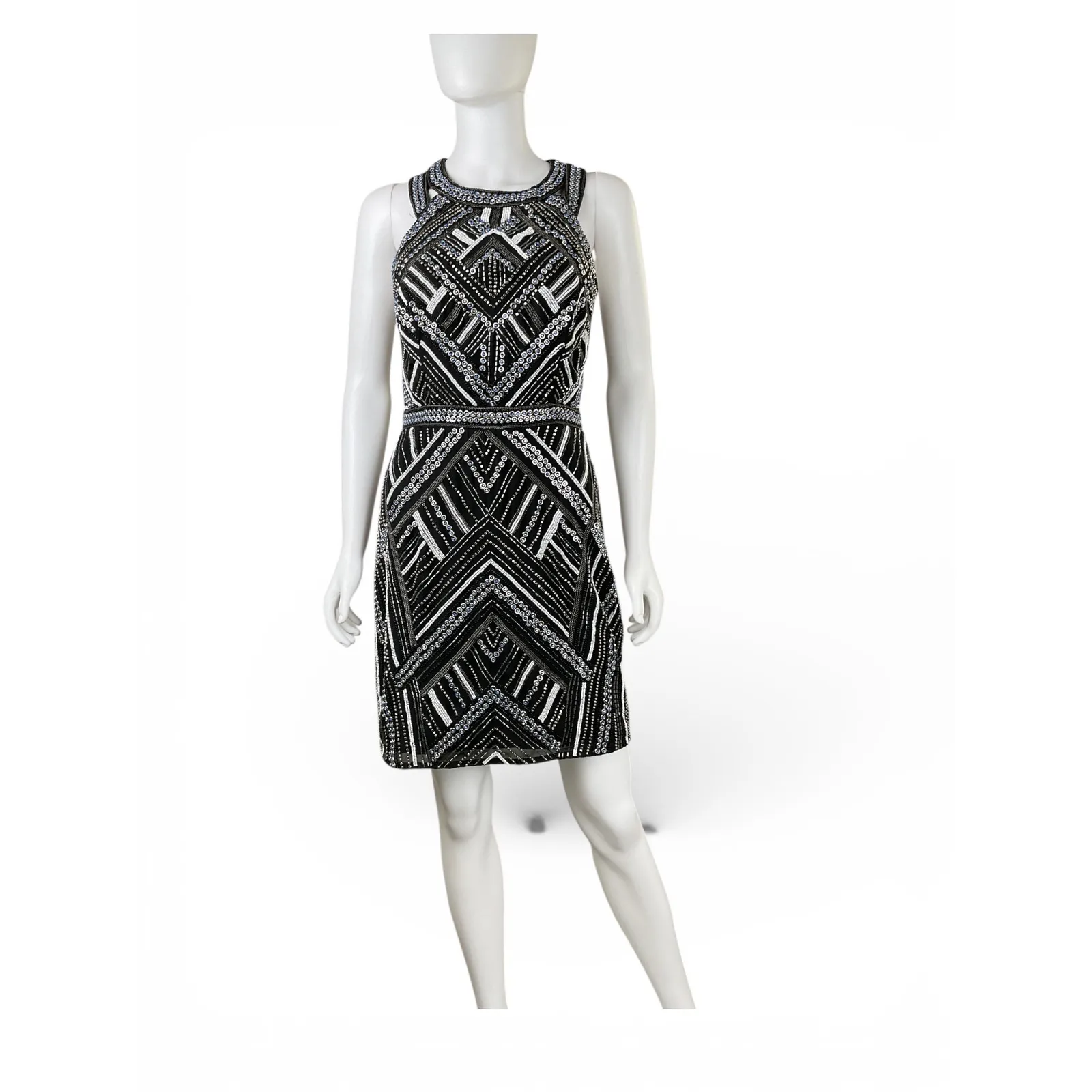 Parker Black Beaded Geometric Halter Neck Sheath Dress Women's Size small - Image 3