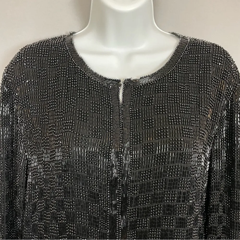 Scala Vintage  Silk Beaded Jacket Formal Black Long Sleeves Large Flaws Black Tie - Image 12