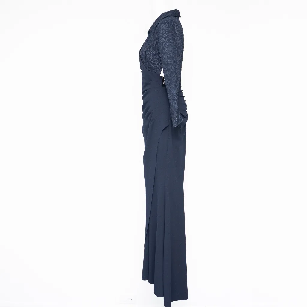 XSCAPE - Navy Floral Jacquard Long Sleeve Evening Gown - Image 6