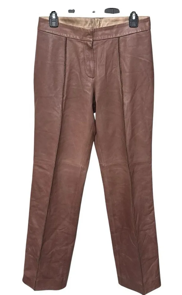 St John Collection Women's Size 8 Brown Lamb Leather Silk Lined Pants Mid Rise - Image 1