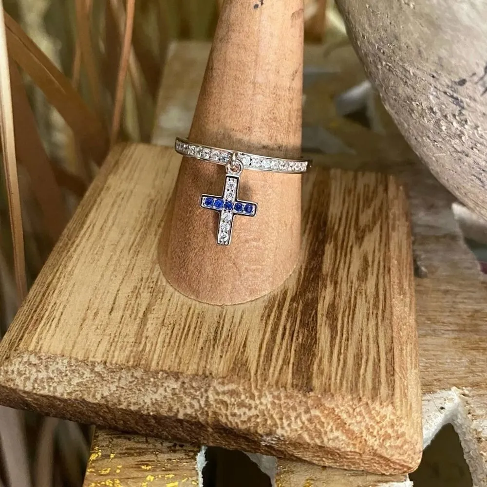Sapphire Cross Dangle Sterling Silver CZ Ring Sizes 9,10 Blue - Image 3