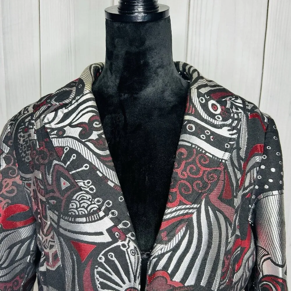 Chico's Jacket Blazer Size 2 (M) Silver Red Metallic Print Art To Wear Colorful - Image 2