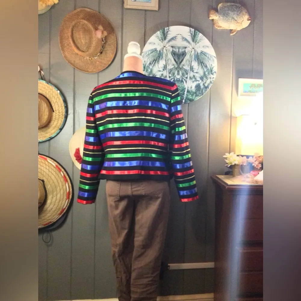 Colorful Ribbon on Black Blazer - Maggy London Suit Jacket Size 14 Petites - Image 4