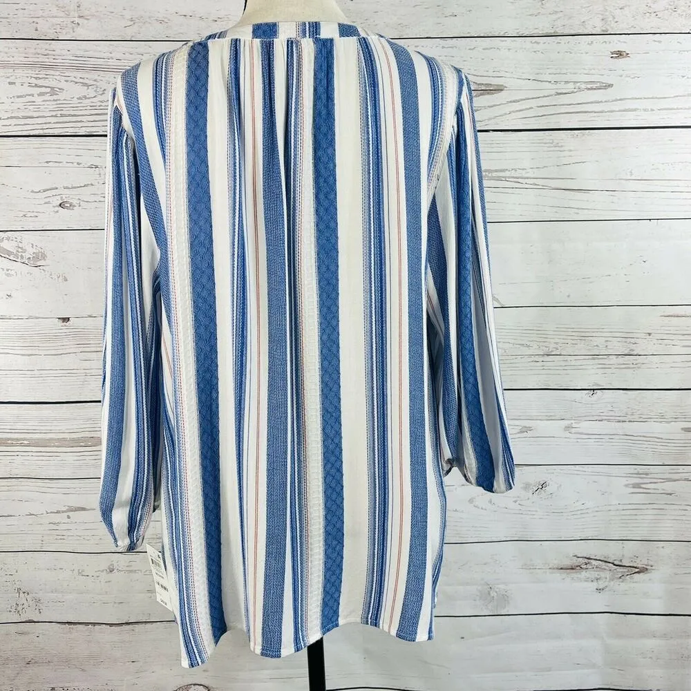 Style & Co Large Top 3/4 Puff Sleeves Tie Keyhole Neck Lightweight Striped New Blue - Image 5