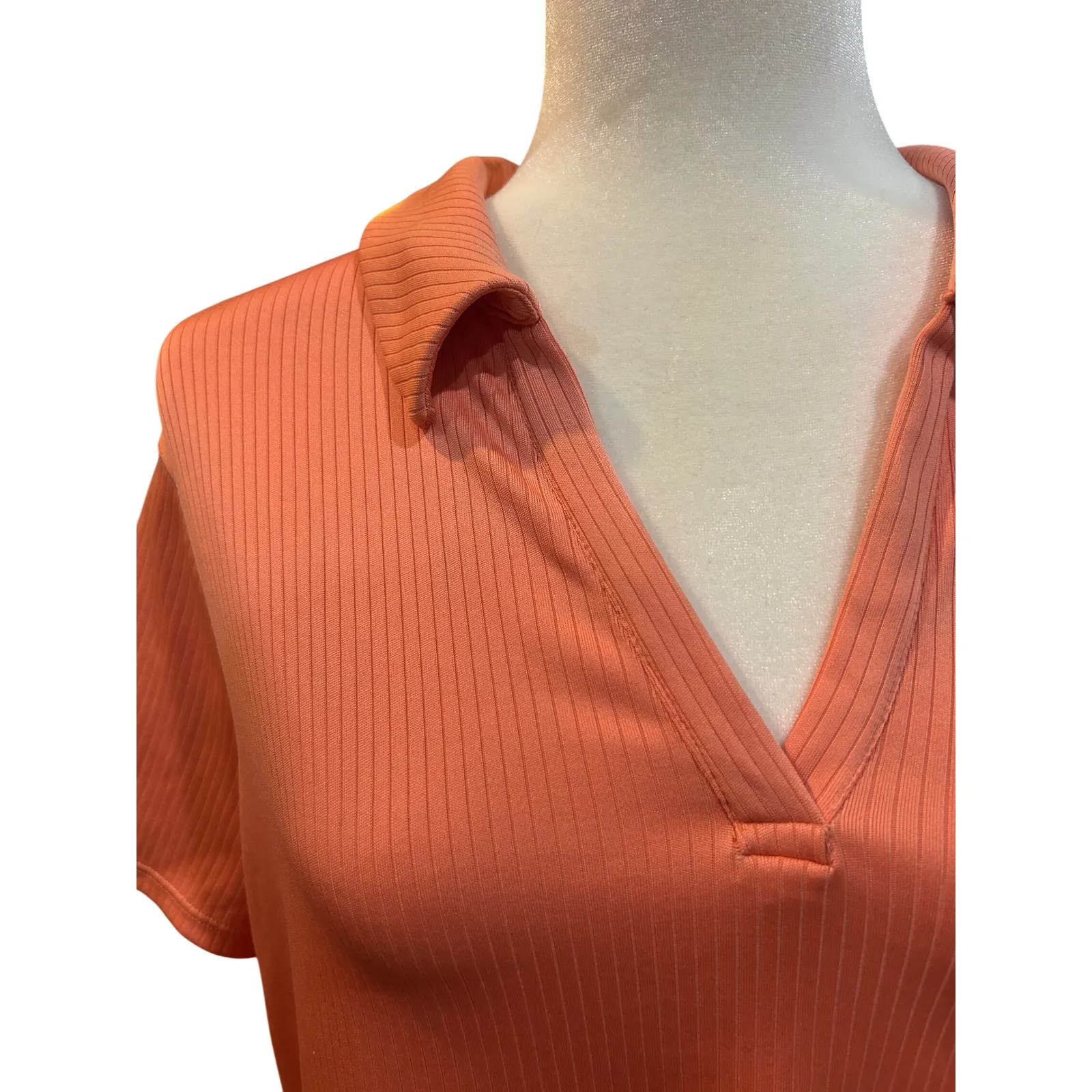 Ribbed‎ Knit Top Short Sleeve V Neck Collared T Shirt Casual Everyday - Image 2