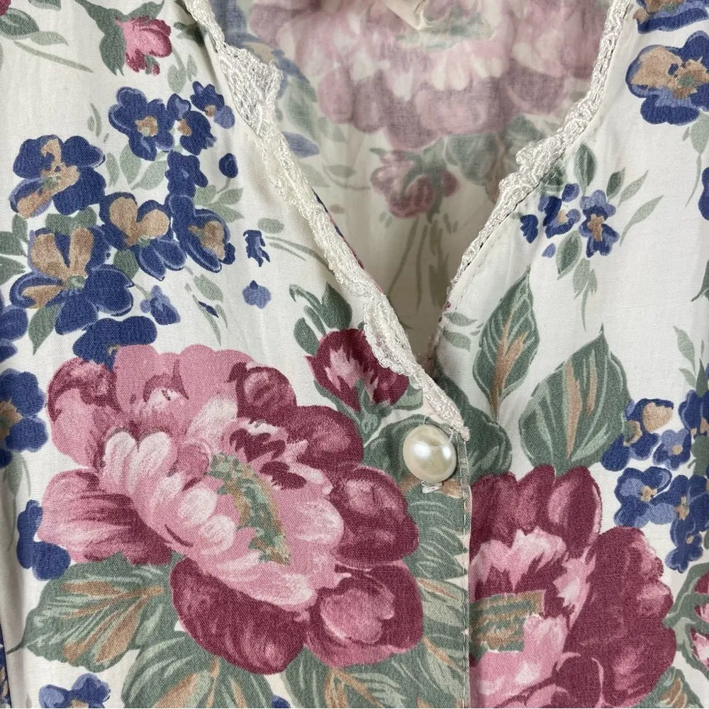 Vintage En Focus Small Floral 40's 50's Cottagecore Pearl Button Tie Maxi Dress Red - Image 3