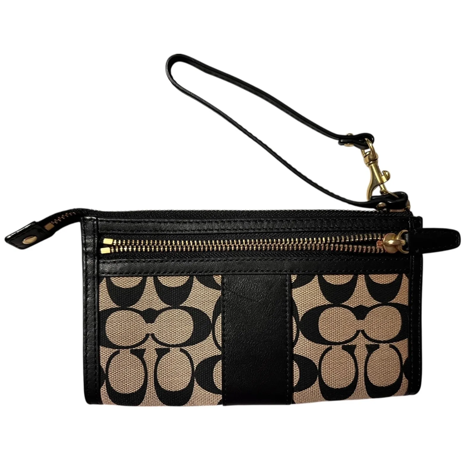 Coach Signature Jacquard Accordion Zip Wallet Black Leather Trim - Image 4