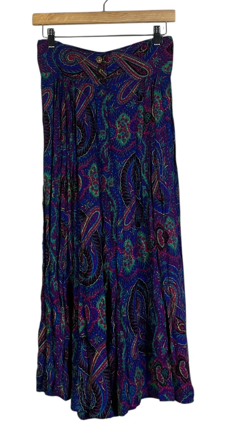 Vintage Paisley High Waist Capris Button Front Boho Hippie Flowy Size 9 Purple - Image 1