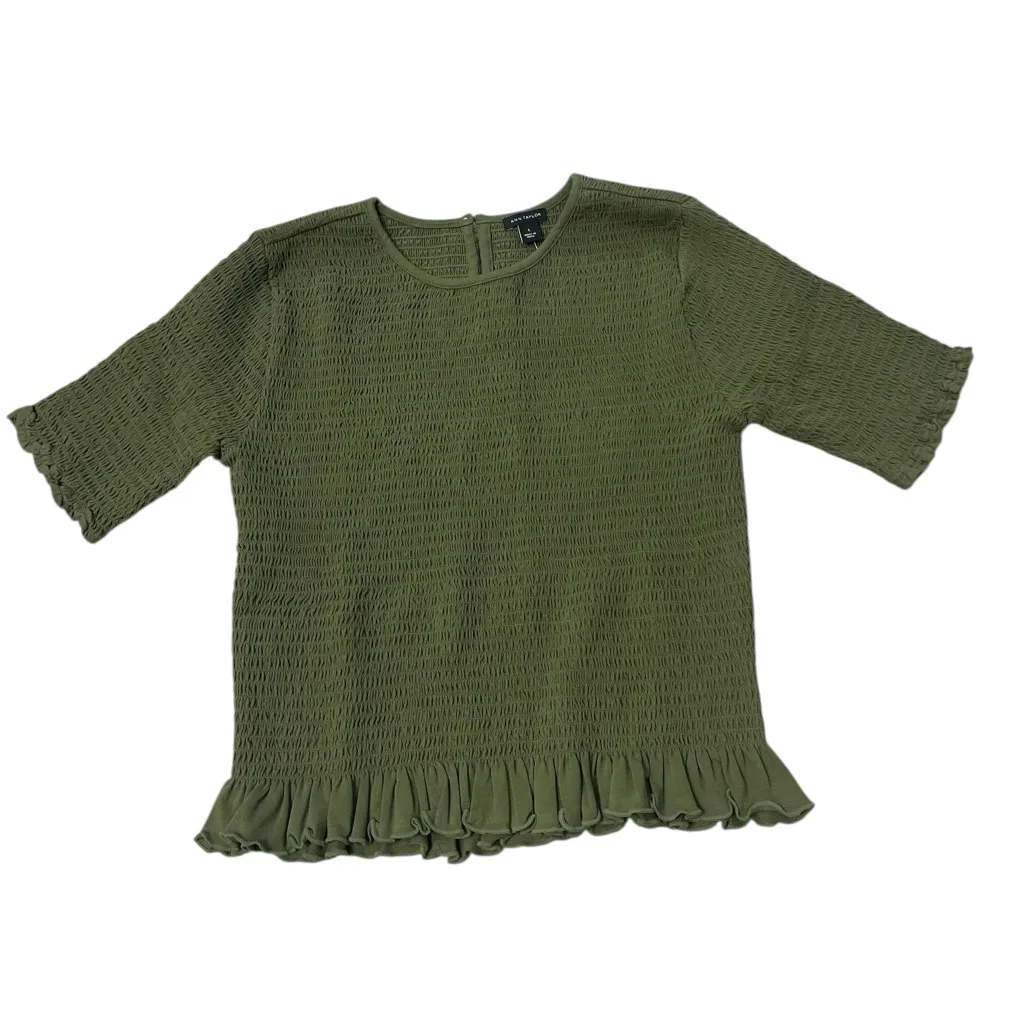 Ann Taylor Olive Smocked Ruffle Hem Short Sleeve Top - Image 2