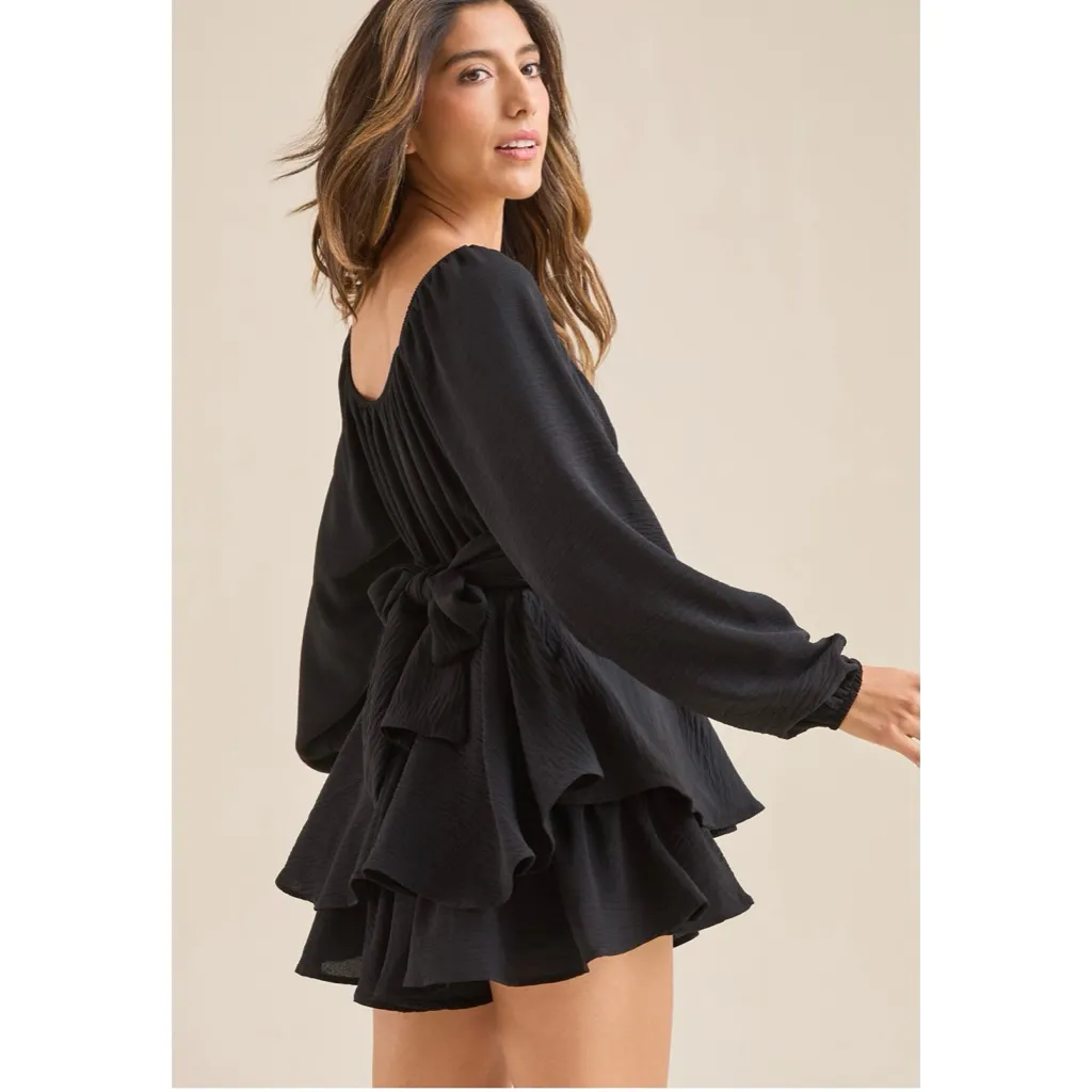 Altar’d State Lola Black Scoop Neck Long Sleeve Belted Tie Tiered Romper XL New - Image 6