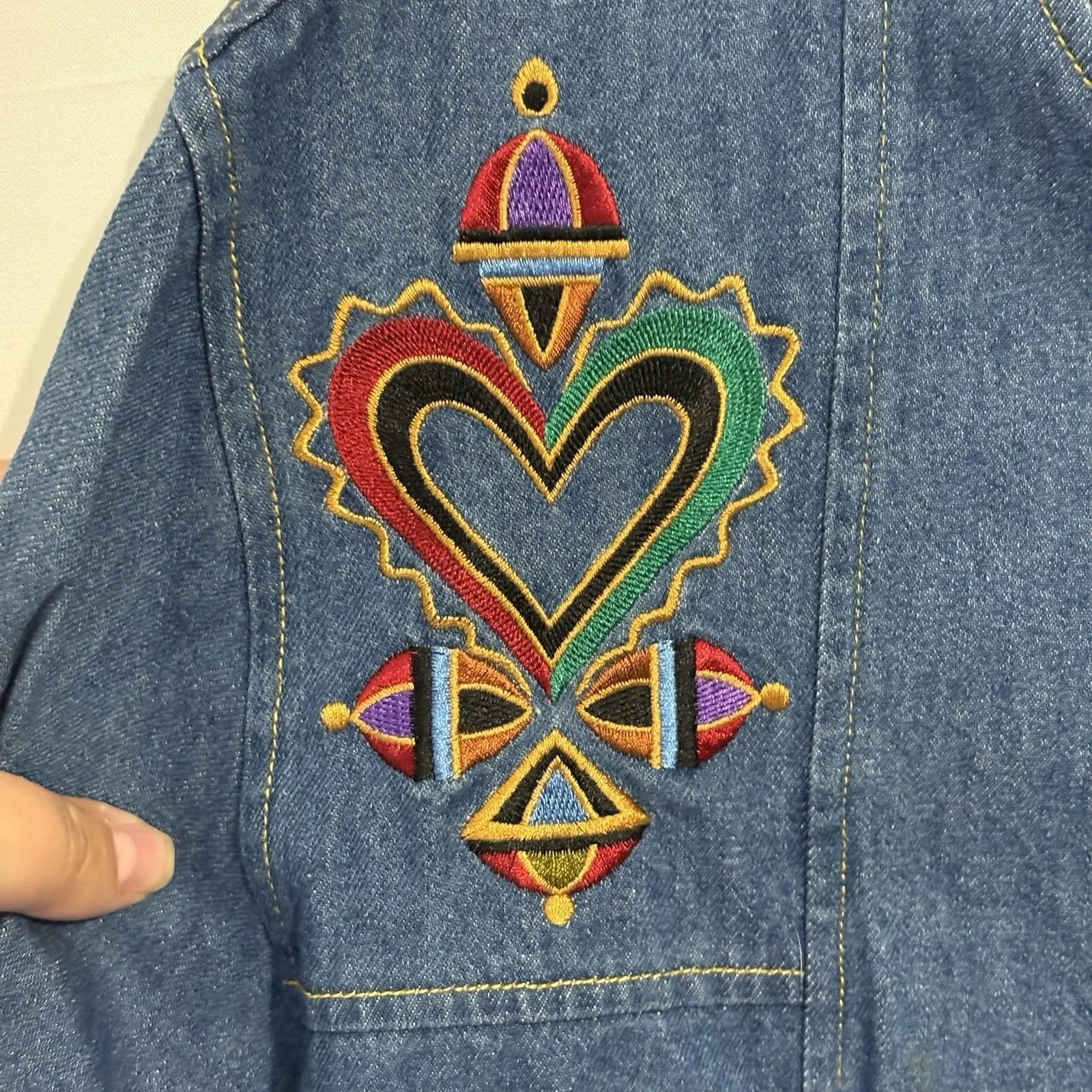 Bob Mackie Wearable Art Denim Jacket Colorful Embroidery Large Artsy Funky 90s - Image 8