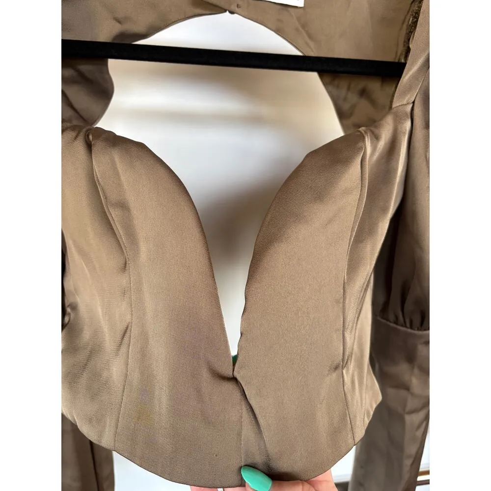 Mistress Rocks Tie Not Olive Silky Backless Corset Rave Puff Sleeve Blouse Small Brown - Image 4