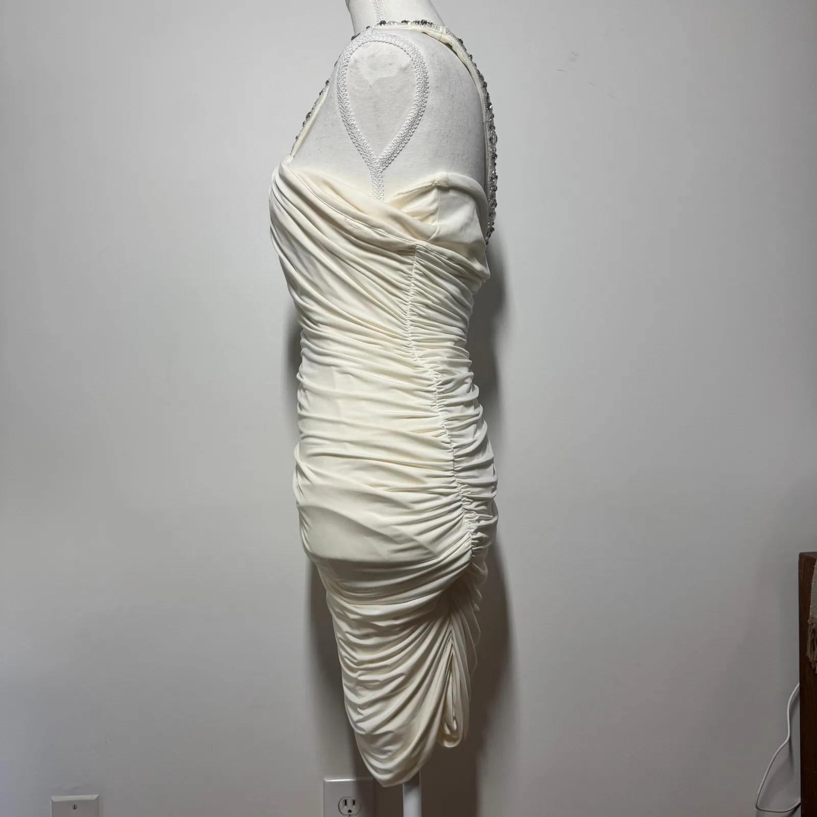 ABS by Allen Schwartz Dress Women M Ivory Beaded One Shoulder Ruched Y2K Formal - Image 3