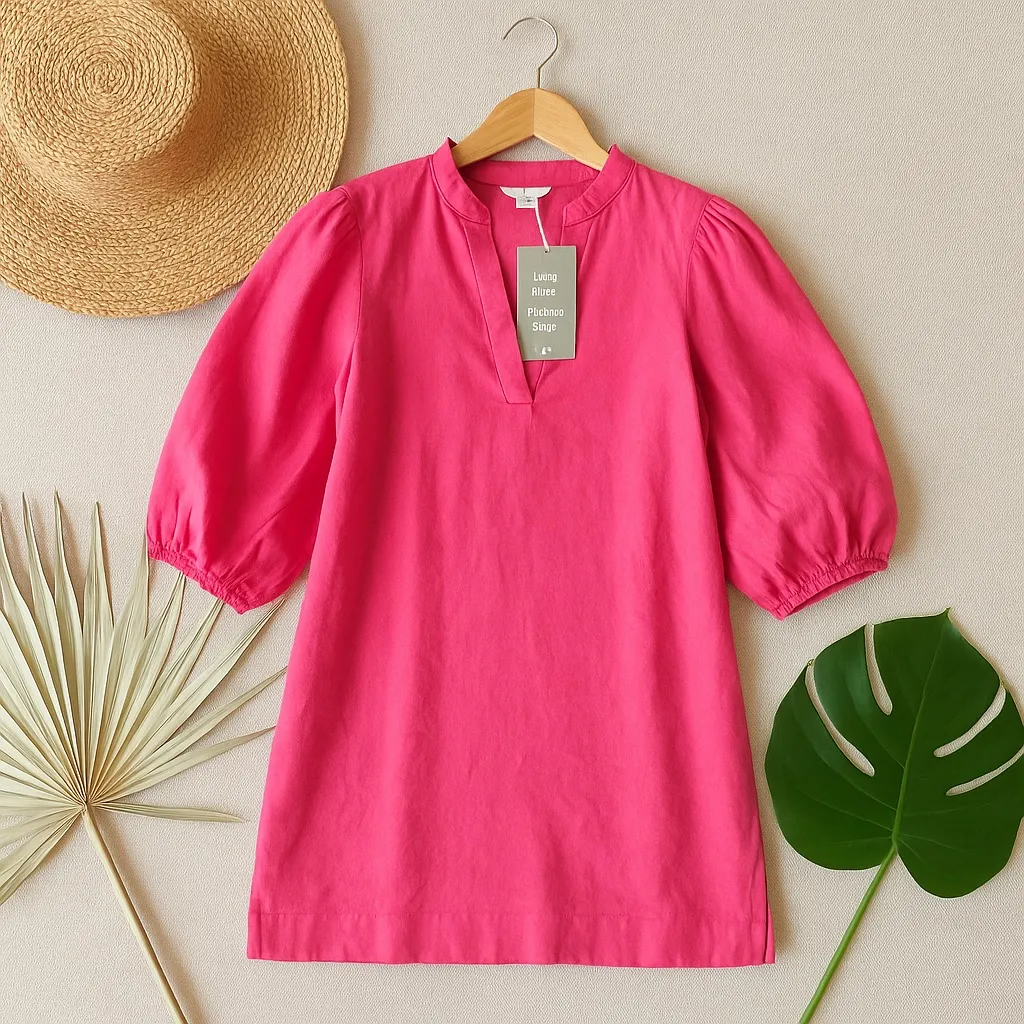 NWT‎ H&M Linen Blend Puff Sleeve Dress | Conscious Choice | Pink | XS - Image 4