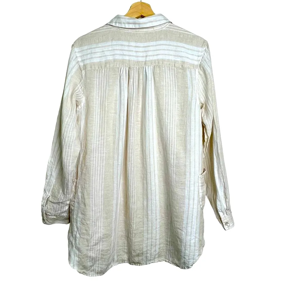 MAGASCHONI Linen Lagenlook White and Tan Stripe Oversized Tunic with Pockets M - Image 7