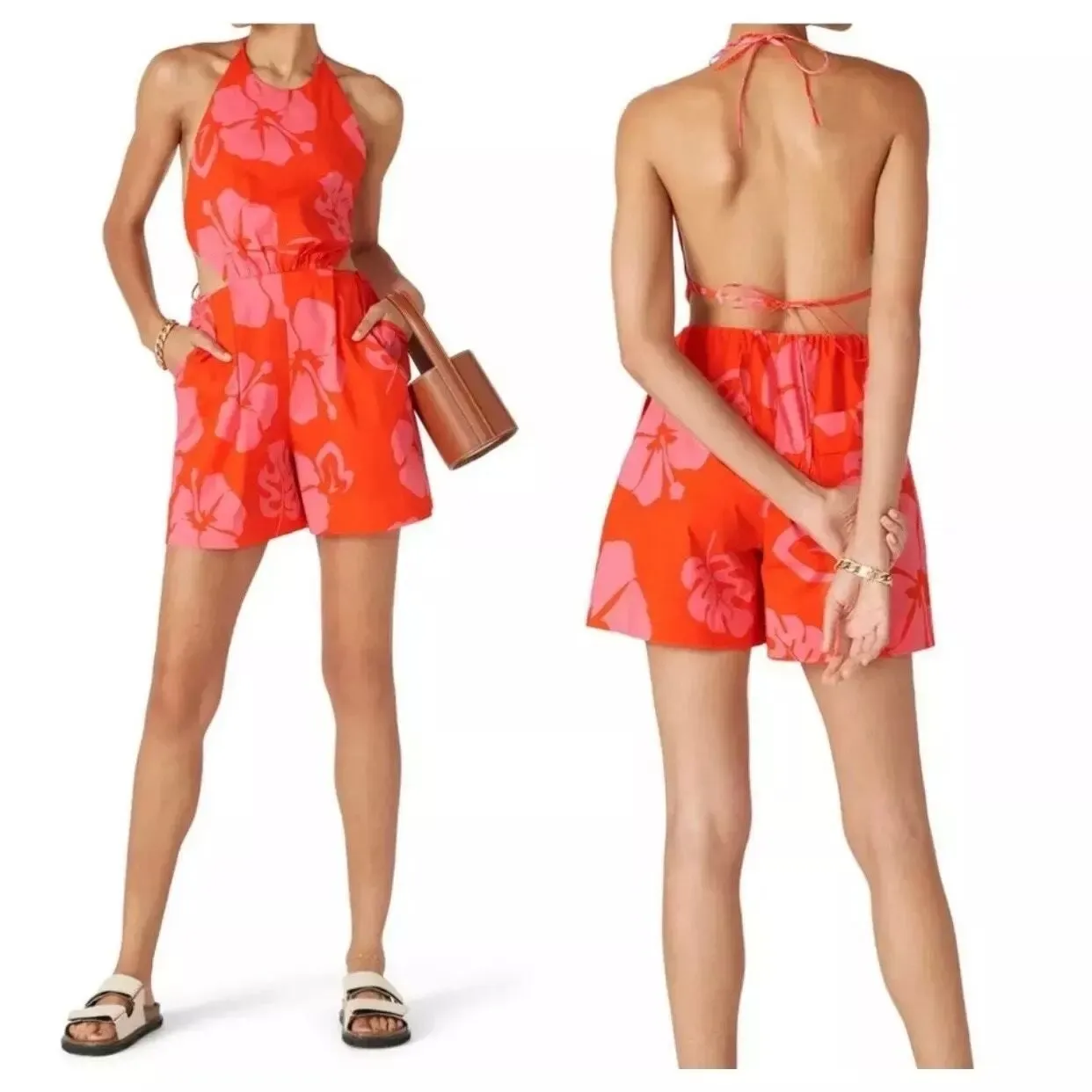 Staud Red Tropical Print Georgia Open Back Halter Summer Beach Romper 2 - Image 2