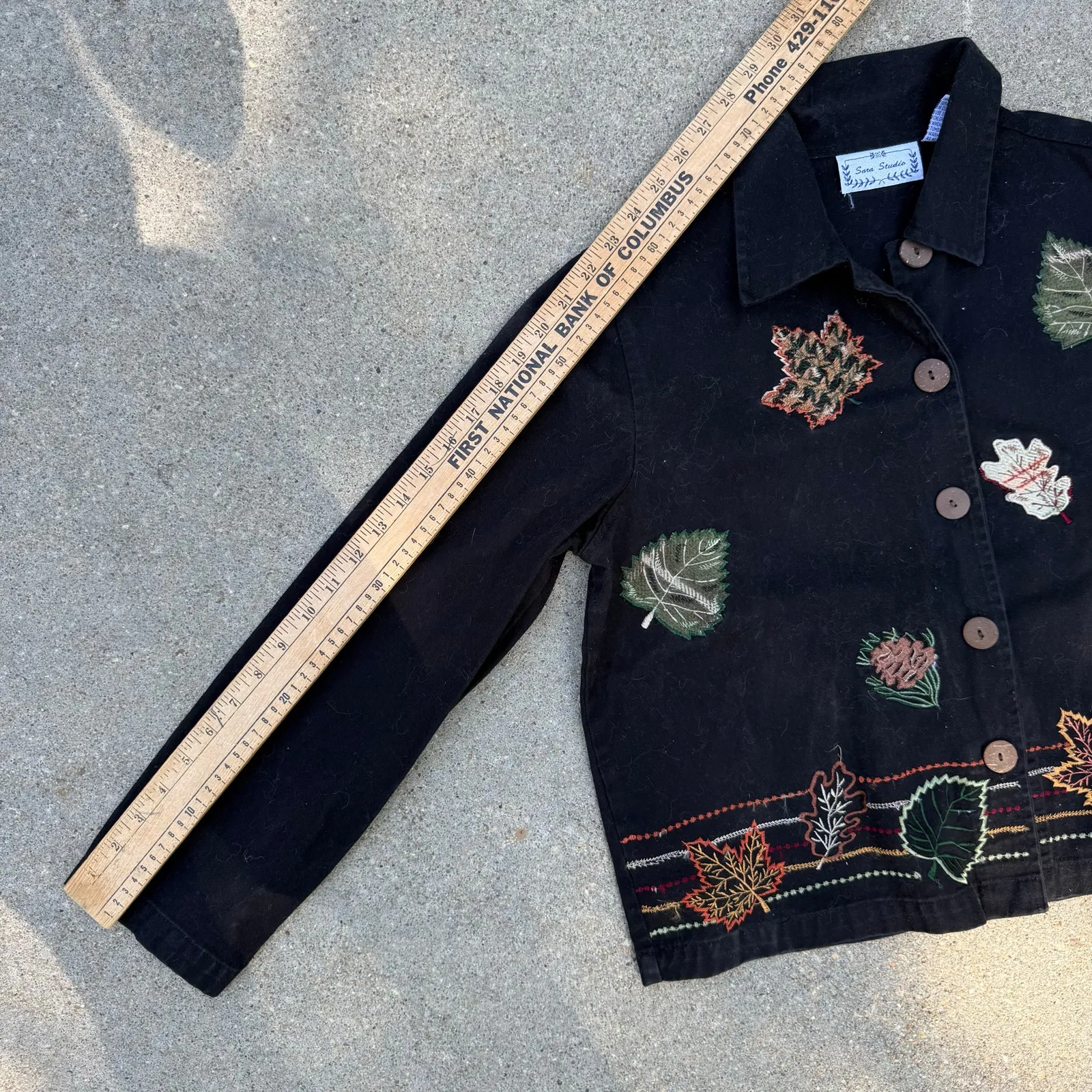 Sara Studio Fall Leaves Embroidered Button Front Black Canvas Jacket MEDIUM - Image 8